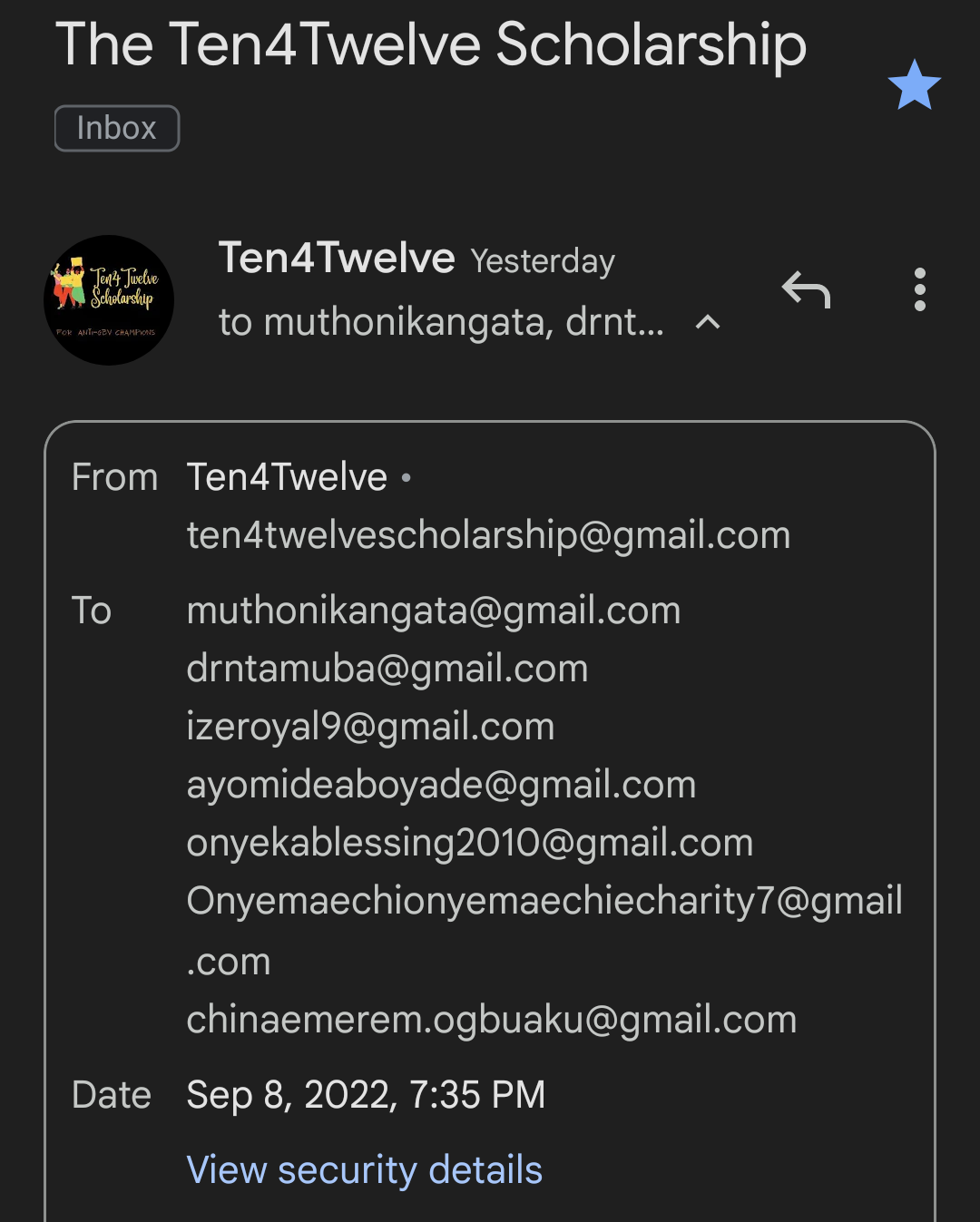 List of beneficiaries for the Ten4Twelve Scholarship