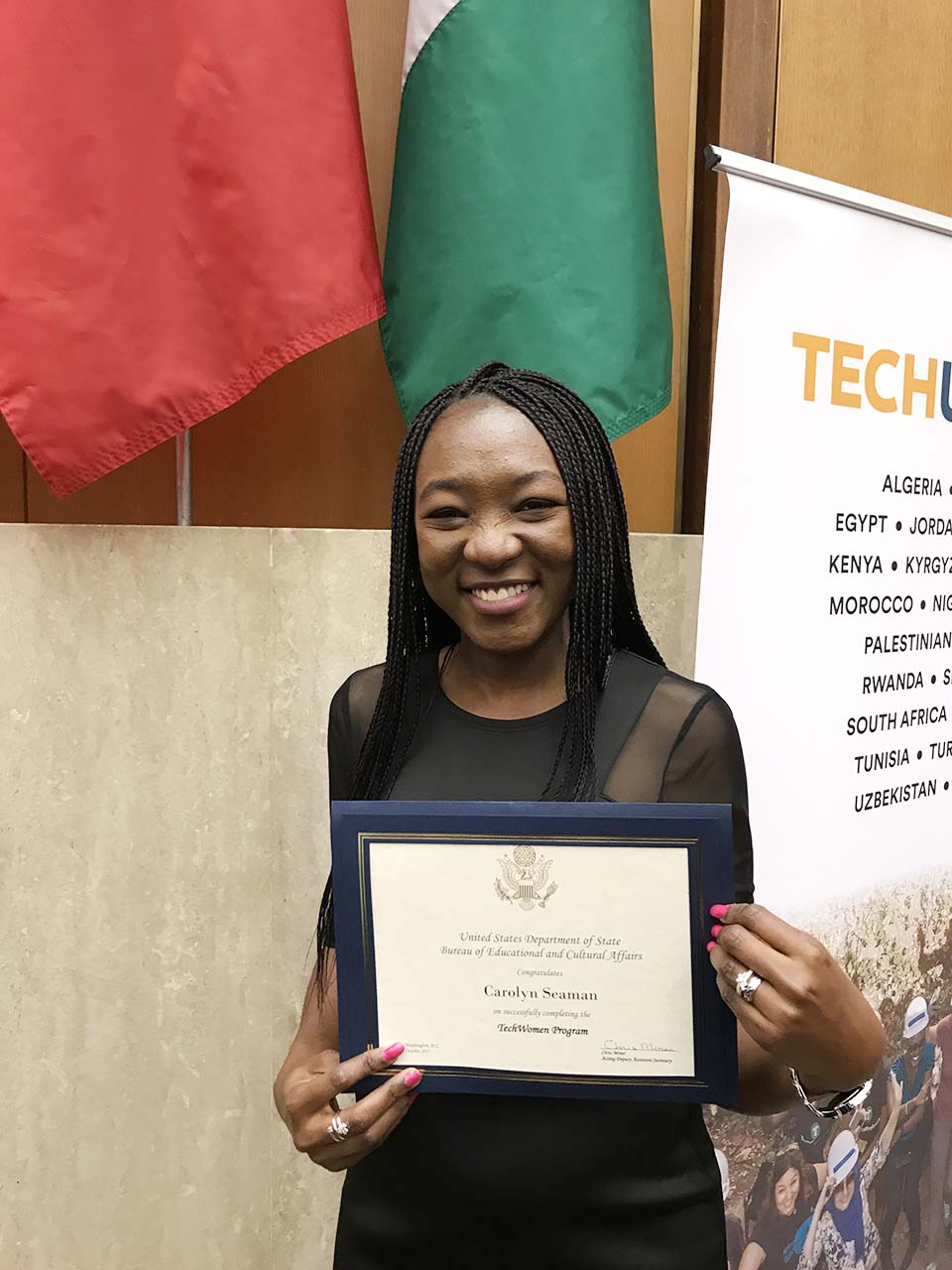 Celebrating with my TechWomen 2017 Certificate at the US Dept. of State, Washington DC.