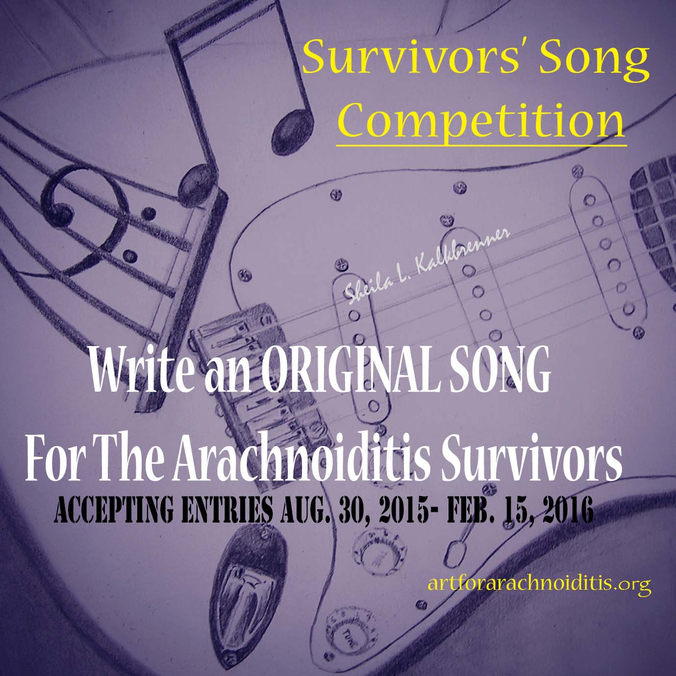 The Song Search is open to anyone interested in creating a song to inspire these hidden heroes living with spinal arachnoiditis. Registration info: http://artforarachnoiditis.org/2015/04/06/2015-2016-art-by-arachnoiditis-survivors-registration-form/