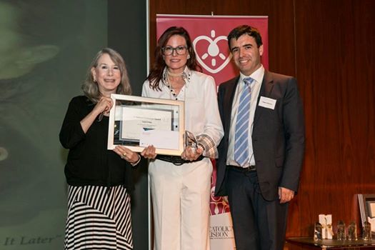 (left to right) Harvard University's Dr. Carliss Baldwin, Lisa F. Crites, Patient Innovation Award Winner, and Dr. Pedro Olivera, from Catolica' University School of Business & Economics, Lisbon, Portugal.    Crites was awarded a Patient Innovation Award for her invention, The SHOWER SHIRT.