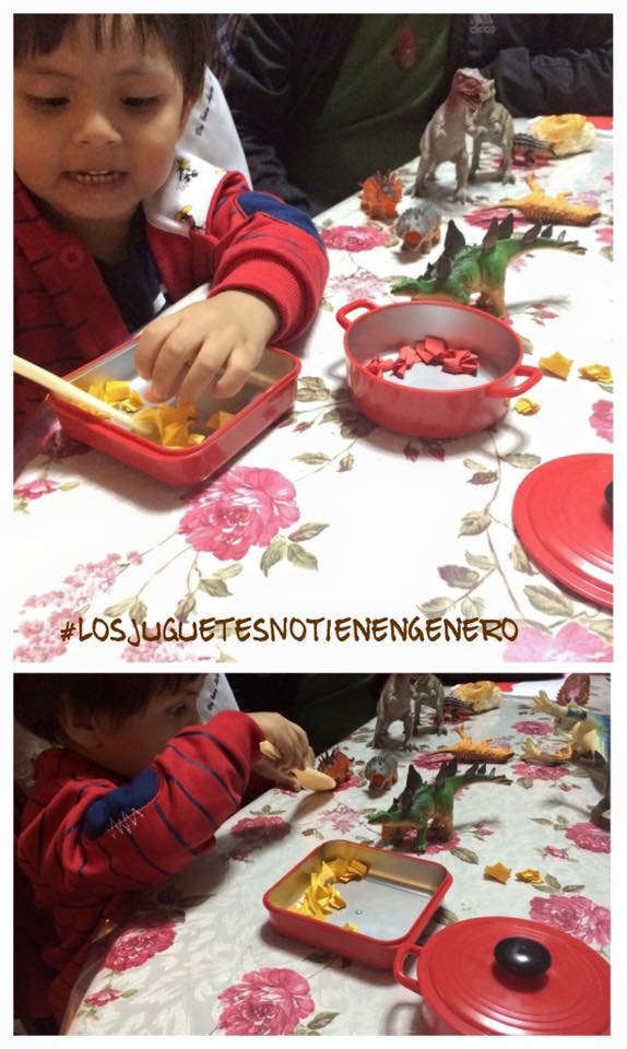 My son as a "cheef" makes food for his dinosaurs. He asked me for pots and pans for play and i can´t say no to his creativity. He can play to whatever he wants, he is exploring the world!