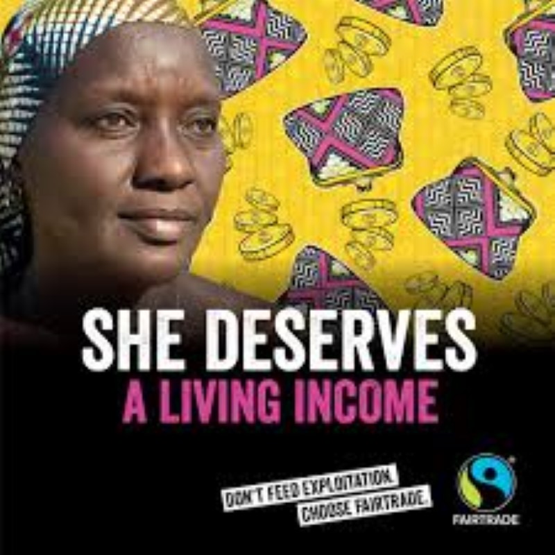 She Deserves a Living Income - Don't Feed Exploitation Choose Fairtrade  £1.86* is the amount a cocoa farmer in West Africa needs to earn each day in order to achieve a living income.  Currently, a typical cocoa farmer in Cote d’Ivoire lives on around 74p** a day. Almost all cocoa farmers in West Africa live in poverty.  For the women the situation is even worse. They may plant and harvest on the farm, look after children, carry water, collect wood, cook and clean for the family, and transport the cocoa beans to market but often with fewer rights than men.   I'm campaigning with millions of others for a living income to become a reality for cocoa farmers in West Africa.   Change can happen if we tell governments, chocolate companies and retailers to make the commitments and policies necessary, then we can make it happen.
