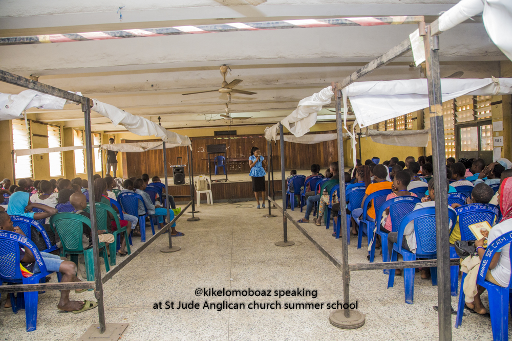 Kikelomo speaking to summer class students at st Jude anglican church Lagos.