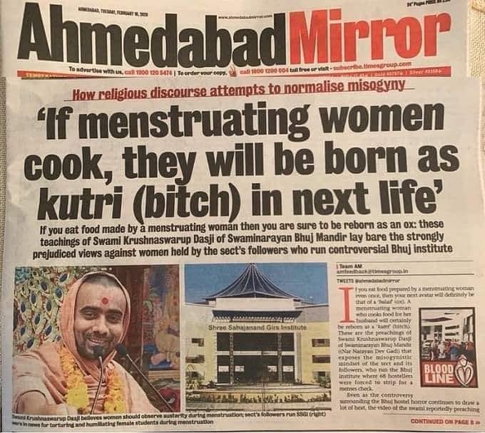 This godman whose followers run the institution where girl students had to flash their underwear to prove they are not on periods says ‘If menstruating women cook, they will be born as kutri (bitch)