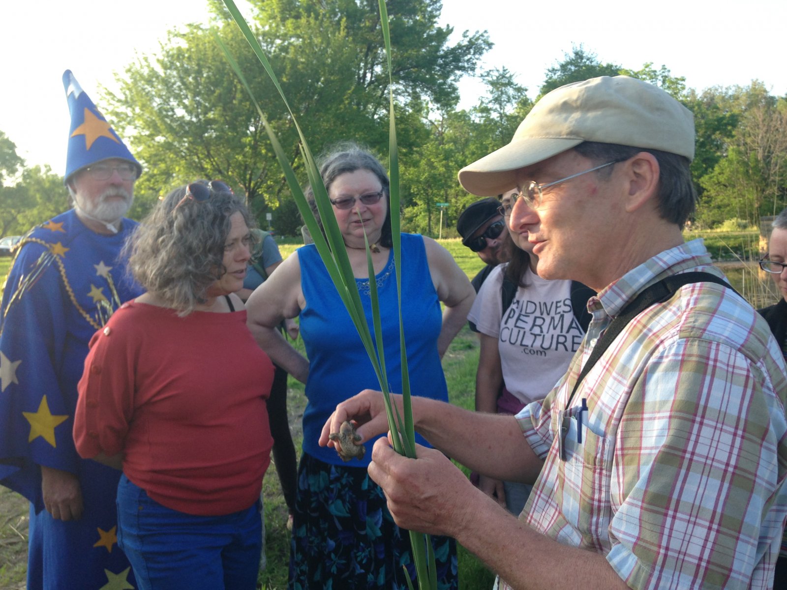One timebank member leads other members on an edible plant walk, teaching how to identify and use wild edible plants.