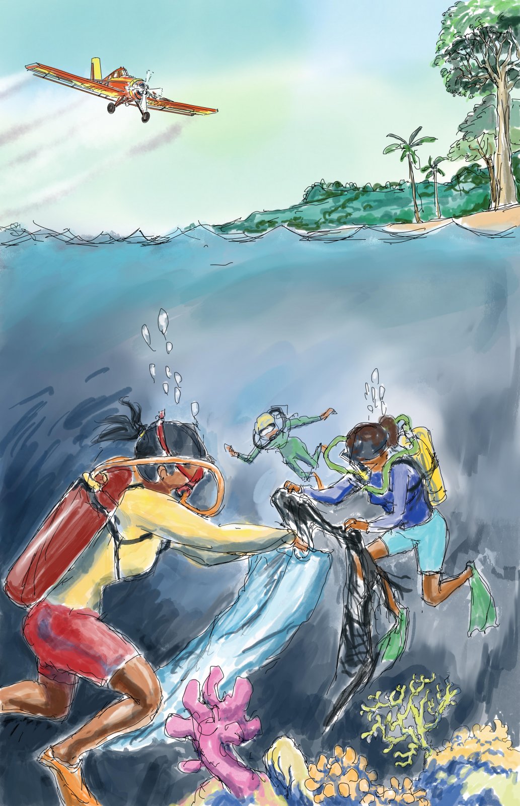 The story Coral Ladies tells the chronicle of four young women traveling ro the depth if the reefs to clean corals while they also tackle banana plantation contamination ...